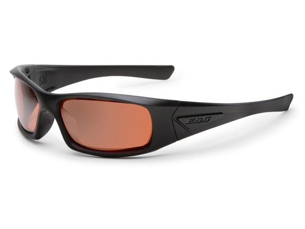 ESS 5B Sunglasses, sleek black frame sunglasses with orange mirrored lenses.