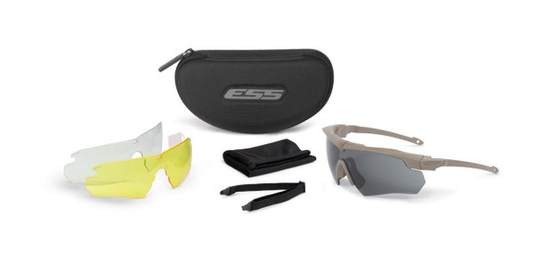 ESS Crossbow Suppressor 3 Lens Kit, image shows sunglasses with gray and black lenses, a black carrying case, a cleaning cloth, and replacement lenses in white and yellow, all accessories for crossbow suppression.
