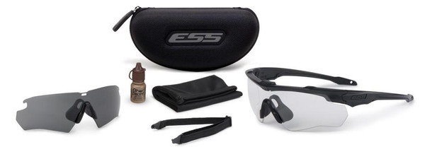 ESS Crossblade Black Eyeshield with Clear and Smoke Gray lenses, model ESS-EE9032-02, including a black carrying case, cleaning cloth, and accessories, suitable for tactical and sports activities.