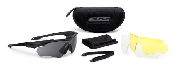 ESS Crossblade Eyeshield 3LS Kit, protective sports eyewear with interchangeable tinted lenses, carrying case, and cleaning accessories.