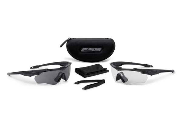 ESS Crossblade NARO Eyeshield Kit 2X Black with Clear and Smoke Gray Lenses, includes protective eyewear, a carrying case, a cleaning cloth, and adjustable straps for outdoor and tactical use.
