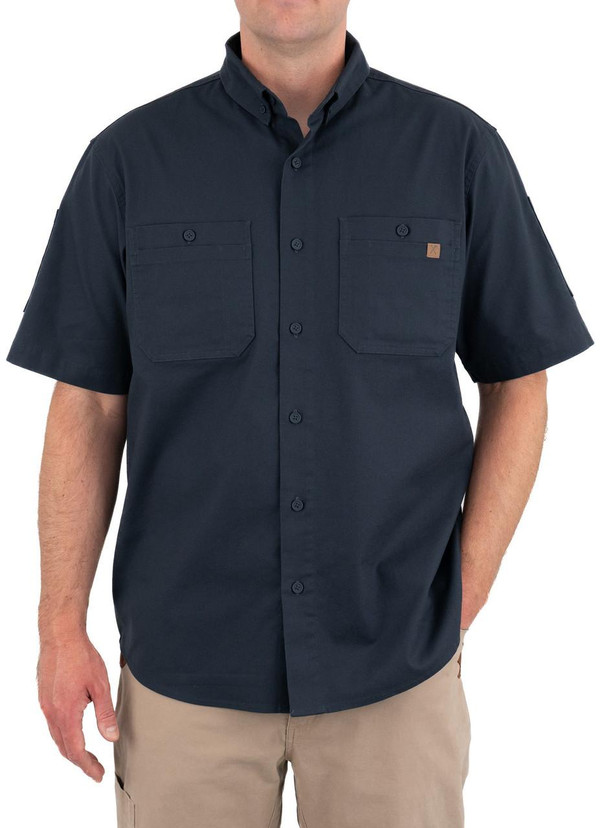Iron & Haft Tradesman Short Sleeve Stretch Canvas Work Shirt, navy blue, men's short sleeve shirt with button-down front and two chest pockets.