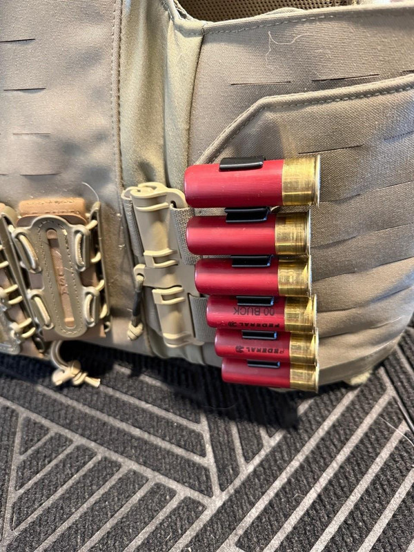 LAPG Shotgun Shell Holder - 3 Pack, ammunition shell holder with six shotgun shells attached, tactical gear accessory, tan pouch with multiple pouches and loops.