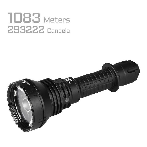 Acebeam L19 2.0 Long Range Flashlight, black tactical flashlight with a large emitting head and textured grip, designed for extended reach illumination.