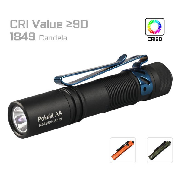 Acebeam Pokelit AA 550 lumens Compact Tactical Flashlight, black compact flashlight with blue accents and attached metal clip.