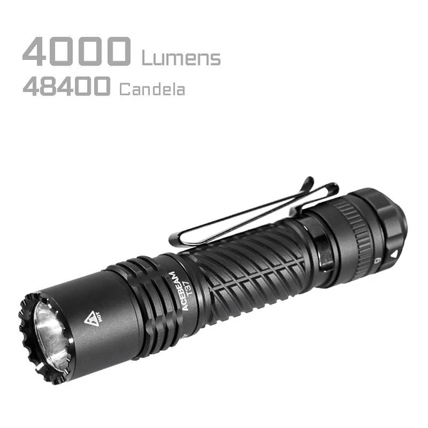 Acebeam T37 Tactical and Duty Flashlight, black handheld flashlight with textured grip and wrist strap, high luminosity with 4000 lumens and 48400 candela.