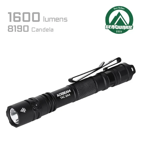 Acebeam TAC 2AA pocket-sized EDC flashlight, black compact flashlight with clip and textured grip.