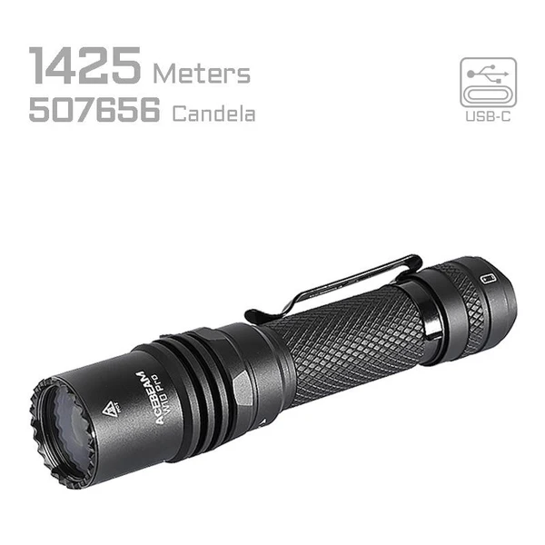 Acebeam W10 Pro LEP Flashlight, black tactical flashlight with textured grip and USB-C port, suitable for long-distance illumination.