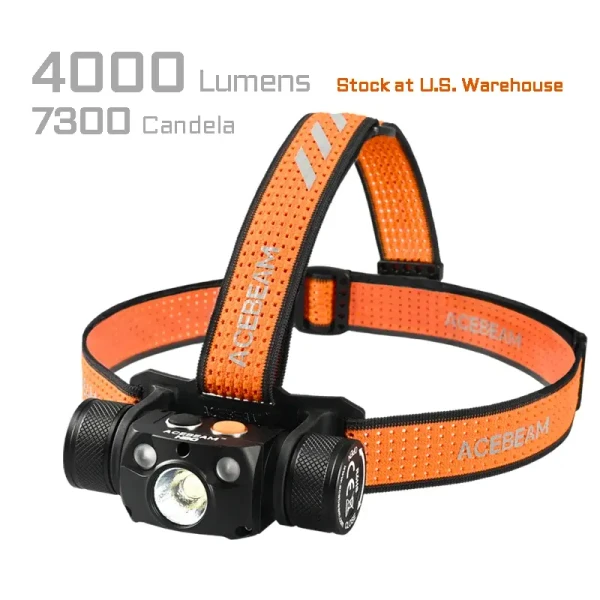 Acebeam H30 USB-C Rechargeable Headlamp, Brightest LED Headlamp with 4000 Lumens and 7300 Candela, featuring an adjustable orange strap and durable head unit for outdoor activities.