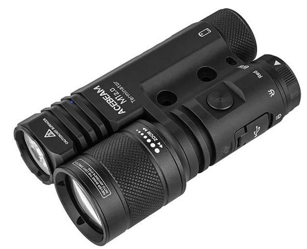 Acebeam Terminator M1 2.0 Dual Head LEP/LED Flashlight, black tactical flashlight with dual heads and adjustable focus.