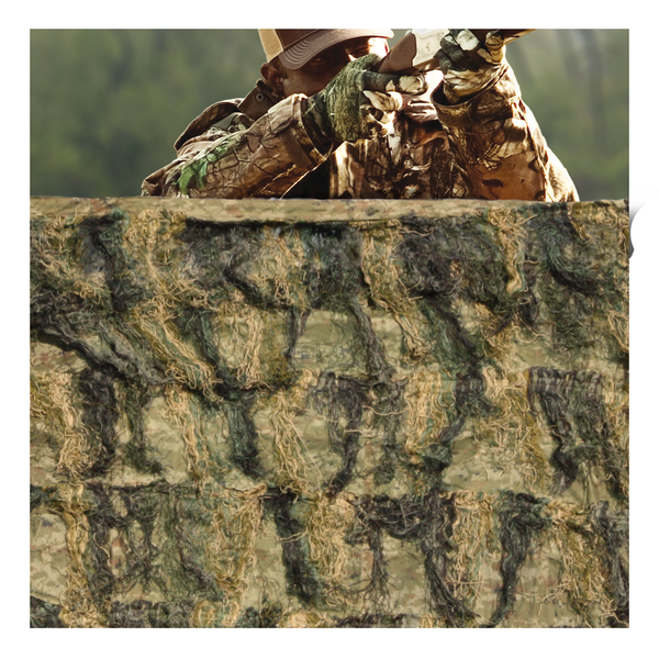 5'x12' Woodland Ghillie Blind Camo Netting used as covering for hunter