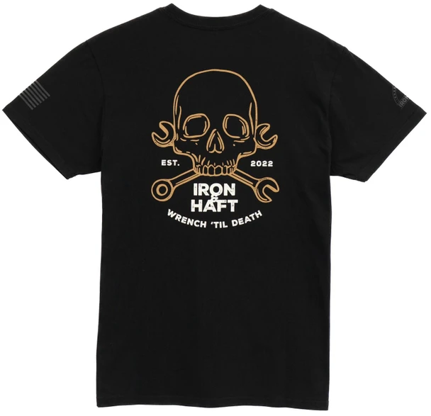 Iron & Haft Men's Wrench Til Death T-Shirt, black t-shirt featuring a skull graphic with crossed wrenches and text design.