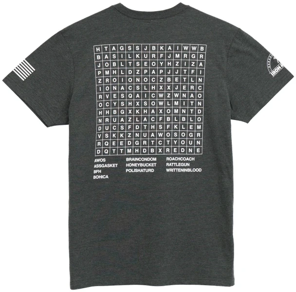 Iron & Haft Men's Wordsearch Short Sleeve T-Shirt IH-WORDSEARCH, dark gray color men's T-shirt featuring a large wordsearch puzzle graphic on the front and a logo patch on the sleeve.