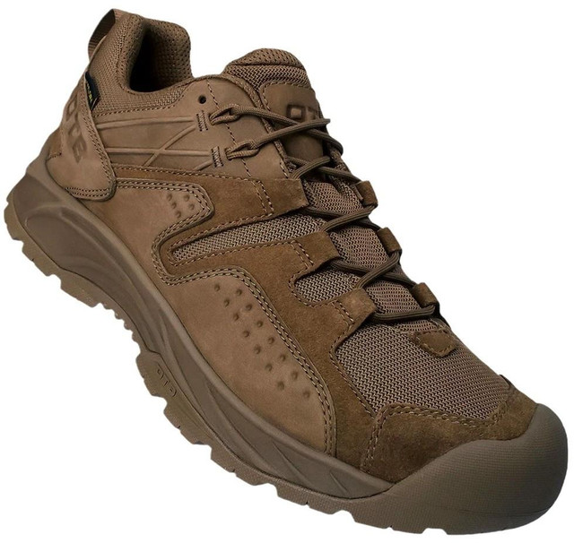 OTB Boots Incline Low Waterproof Tactical Boot, brown leather and mesh hiking shoe with a rugged sole.