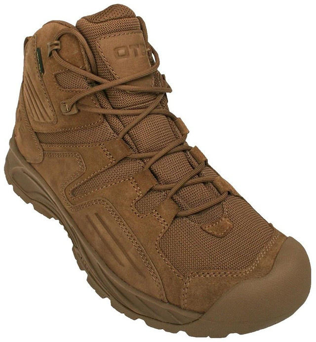 OTB Boots Incline Mid Waterproof Tactical Boot, brown high-top hiking boot with rugged sole, lace-up design, and waterproof features.