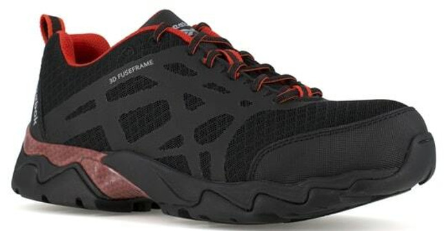 side of Reebok Men's Seamless Athletic Black with Red Trim Beamer Work Shoe 