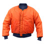 Rothco Kid's MA-1 Flight Jacket KMA1FJ, bright orange bomber style jacket with navy collar, cuffs, and waistband, front zipper, and functional pockets.