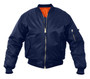 Rothco Kid's MA-1 Flight Jacket, navy blue bomber style jacket with a shiny outer shell, zippered front, ribbed cuffs and waistband, and an orange interior lining.