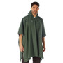 Rothco Rubberized Rainwear Poncho, green waterproof rain poncho worn by a man with a hood and adjustable drawstrings.