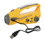 Rothco Solar/Wind Up Flashlight with Radio, yellow portable emergency device featuring a built-in flashlight, radio tuner, volume control, and a charging cable for renewable power sources.