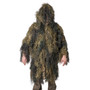 Rothco Lightweight Ghillie Jacket 95128, camouflaged ghillie suit with natural foliage colors and textured, netted material covering the person for concealment.