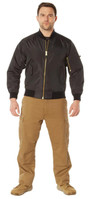 Rothco Lightweight Enhanced Nylon MA-1 Flight Jacket LENFJ, black bomber jacket with gold zipper and pocket details worn by a male model.