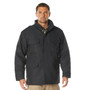 Rothco M-65 Field Jacket M65FJ, black military-style tactical jacket with multiple front pockets and a high collar.