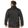 Rothco M-65 Storm Jacket M65SJ, men's black military-style waterproof jacket with a high collar and multiple pockets.