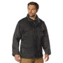 Rothco M-65 Storm Jacket M65SJ, Men's black military-style waterproof jacket with multiple pockets and a high collar.