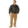 Rothco MA-1 Flight Jacket MA1FJ, black bomber jacket with gold zipper and ribbed cuffs and collar, worn by a man with khaki cargo pants and boots.