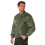 Rothco MA-1 Flight Jacket MA1FJ, a man wearing an olive green bomber jacket with multiple pockets and a ribbed collar, cuffs, and waistband.