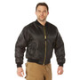 Rothco MA-1 Flight Jacket MA1FJ, Black bomber jacket with gold zipper and ribbed cuffs on a male model.