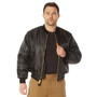 Rothco MA-1 Flight Jacket MA1FJ, a black men's bomber jacket with gold zipper and ribbed cuffs, worn by a male model.
