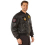 Rothco MA-1 Flight Jacket with Patches, a black bomber jacket featuring military-style patches and patches on the sleeves and chest.