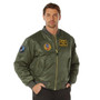 Rothco MA-1 Flight Jacket with Patches, military green bomber jacket featuring various flight crew patches and a front zipper.