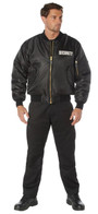 Rothco MA-1 Flight Jacket with Security Print MA1FKSP, black bomber jacket featuring security print on the chest, gold zipper, and ribbed cuffs and collar.