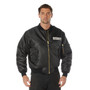 Rothco MA-1 Flight Jacket with Security Print MA1FKSP, Black bomber style flight jacket with gold zippers, security print patch on chest, multiple pockets, and ribbed cuffs and collar.