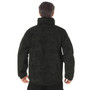 Rothco Midnight Camo Special Ops Soft Shell Jacket MCSOSSJ, back view of a man wearing a black camouflage soft shell jacket with multiple zippered pockets and a high collar.