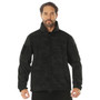 Rothco Midnight Camo Special Ops Soft Shell Jacket MCSOSSJ, man wearing a black camouflage tactical soft shell jacket with multiple zippered pockets and a high collar.