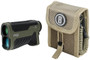 Bushnell R5 2000 AB Laser Rangefinder, compact green and black handheld device with dual lenses and ergonomic design, with tan carrying case with Bushnell logo for outdoor use and precise distance measurement.
