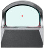 Bushnell RXS-100 Reflex Sight RXS100, close-up view of the sight with illuminated red dot reticle for aiming on a firearm.