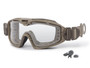 ESS Influx Pivot Goggle Ops Kit ESS-EE7018-KIT, tactical goggles with beige frame and clear lens, includes strap, interchangeable accessories, and replacement parts.
