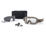 ESS Influx Pivot Goggle Ops Kit ESS-EE7018-KIT, tactical goggles with tan frame, included replacement lenses, head strap, and carrying case.