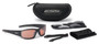 ESS CDI Tactical Sunglasses ESS-EE9002, sports sunglasses with black frame and pink tinted lenses, along with a carrying case, additional interchangeable lenses, cleaning cloth, and accessories for outdoor and tactical activities.