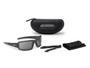 ESS CDI Max Heritage Glasses - Matte Dark Gray with Smoke Gray Lens, black protective case, cleaning cloth, strap, and carrying pouch for outdoor eyewear.