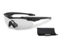ESS Crossblade ONE Eyeshield with Clear Lens, a pair of protective sports glasses with a transparent lens and adjustable black frame, accompanied by a cleaning cloth.