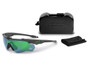 ESS Crossblade Eyeshield STD Polarized Mirrored Green, sports sunglasses with green mirrored lenses and black frame, included with a black protective case and cleaning cloth.