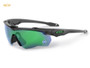ESS CrossBladeNARO Mirrored Green Polarized Lenses and Matte Carbon Frames Sunglasses, black and green sport eyewear with mirrored lenses and shield design.