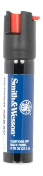 Smith & Wesson .75 oz. Pepper Spray Jogger, compact black and red pepper spray can with blue label and safety cap.