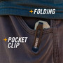 Gerber Vista Clip Folding Knife VISTA, close-up of the compact folding pocket knife clipped onto a pocket with a background of a person's clothing.